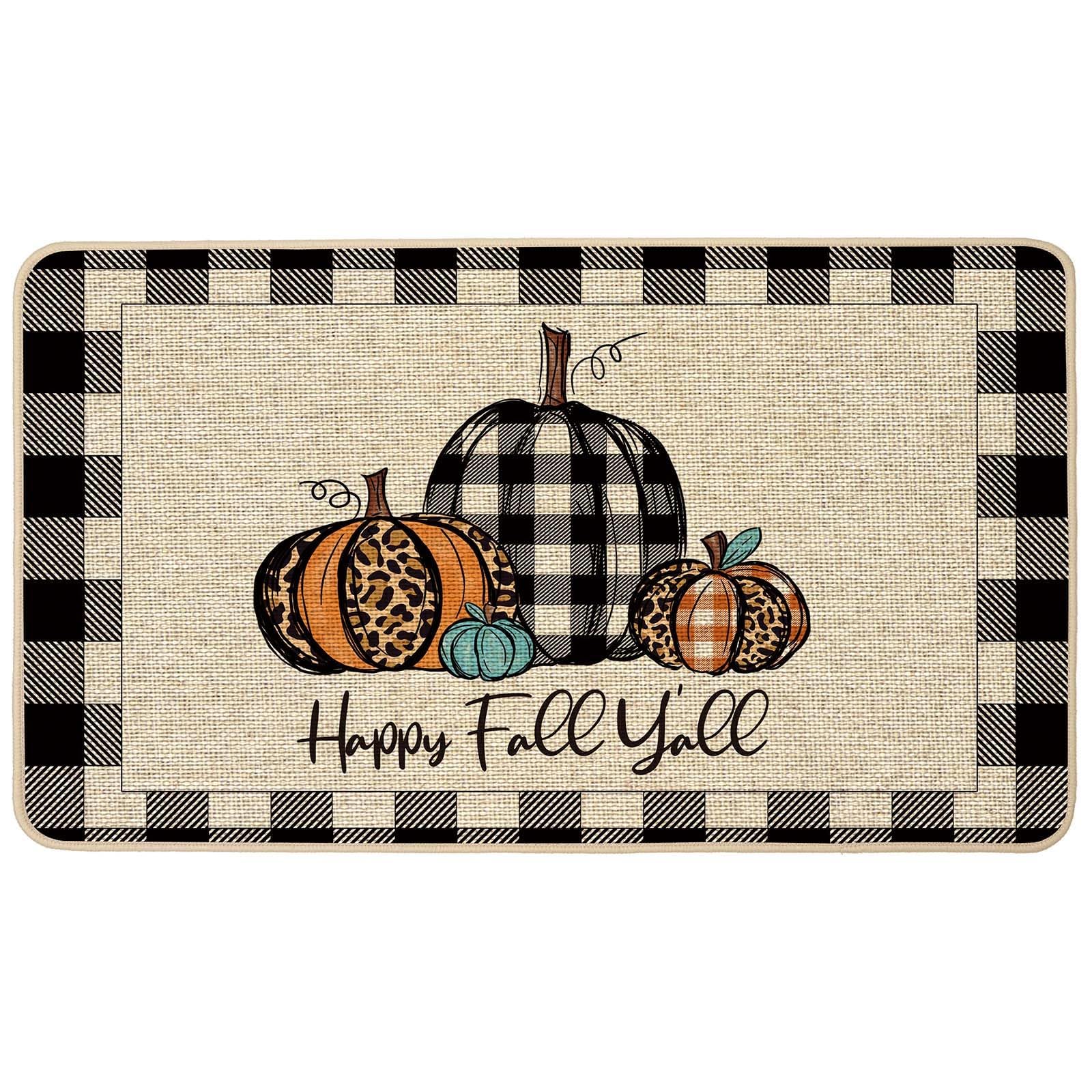 Whomeaf Happy Fall Y'All Doormat Fall Low Profile Front Mat Buffalo Check Plaid Pumpkin Door Mats Entrance Non Slip Autumn Rugs Kitchen Floor For Home Patio Indoor Outdoor Decor, Black 17X29 Inch